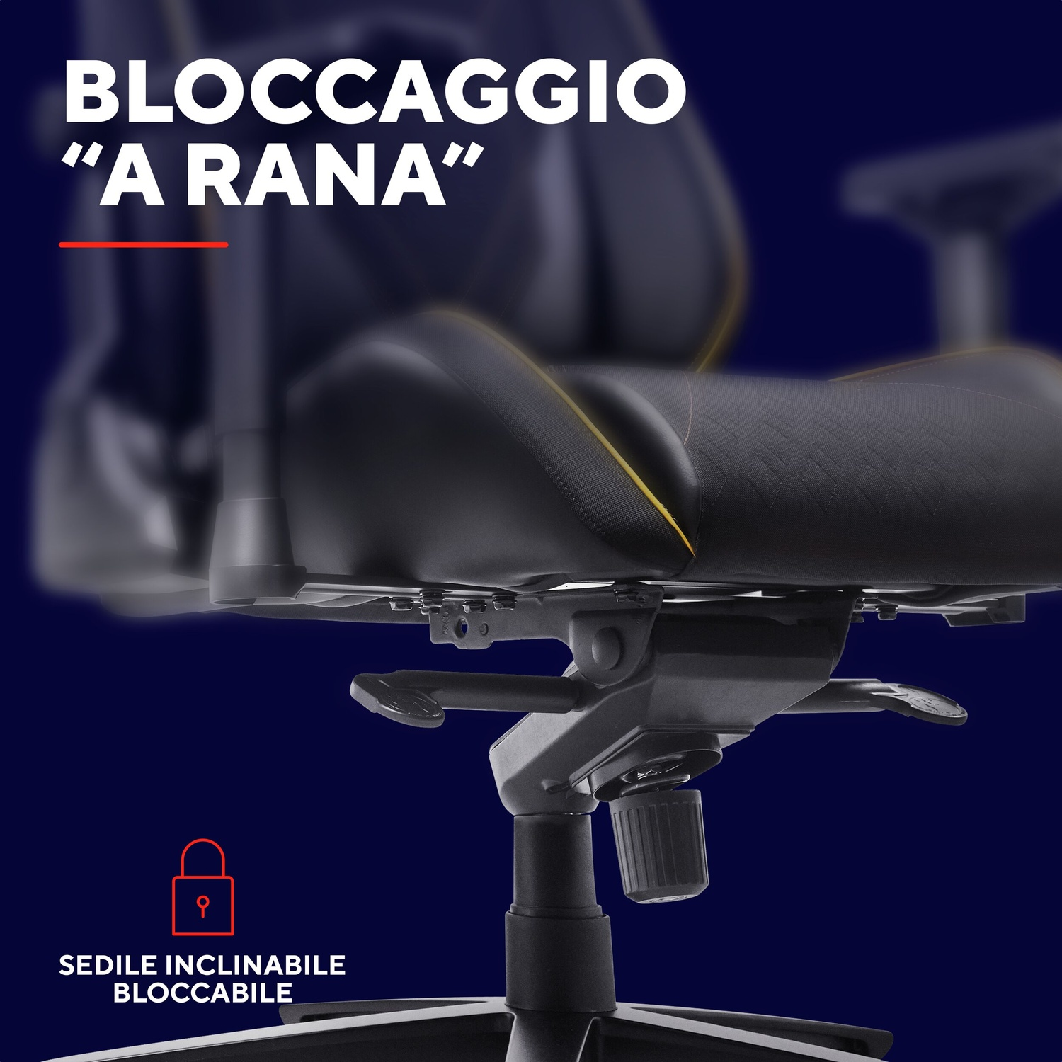 Primo piano del meccanismo di una sedia da gaming, con testo in italiano.