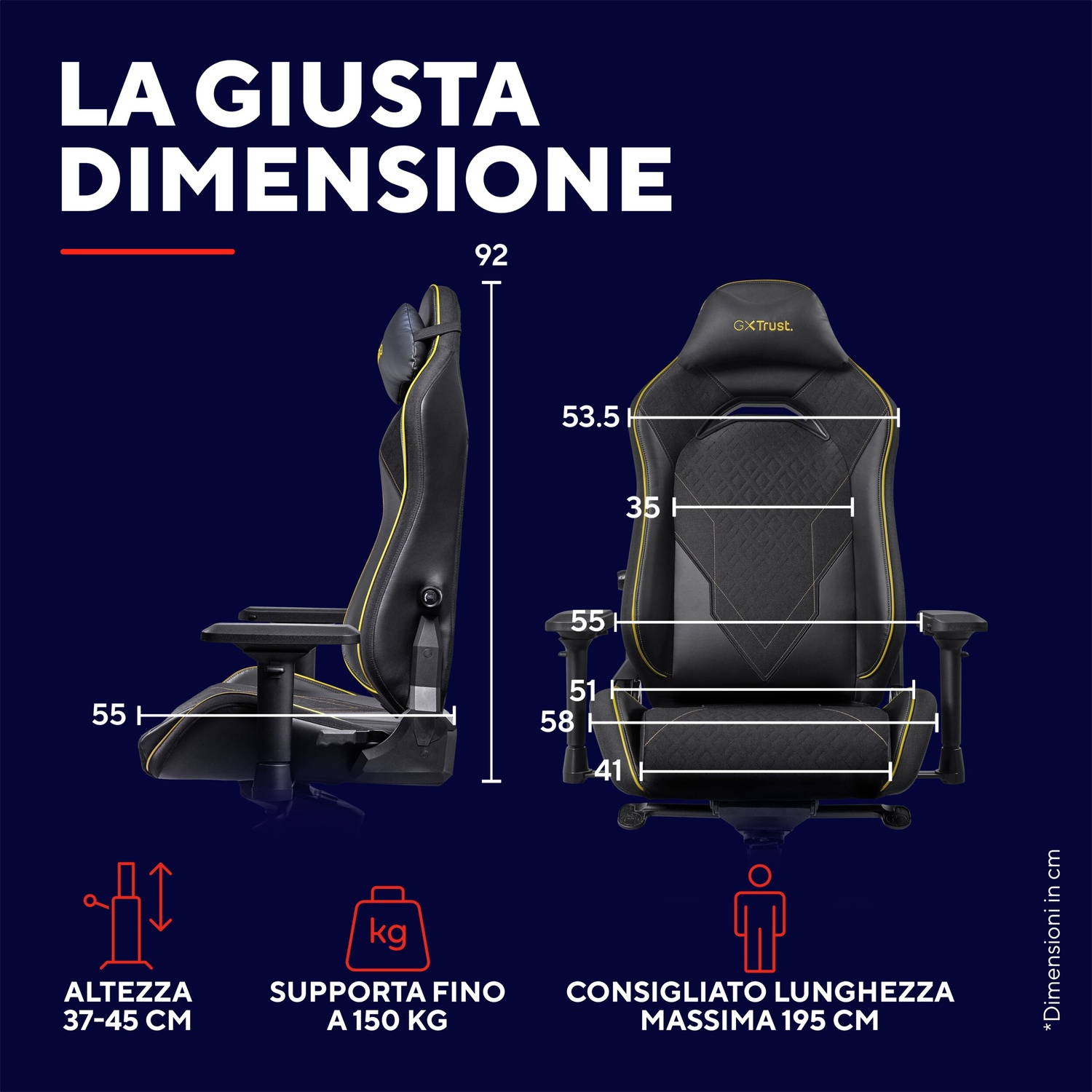 Un'illustrazione di una sedia da gioco nera con misure e testo.
