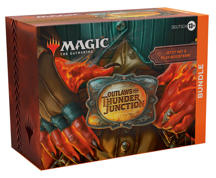 Eine Magic: The Gathering Bundle-Box mit dem Outlaws von Thunder Junction-Set, auf Deutsch.