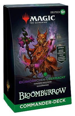 Magic: The Gathering Kartenbox mit einem eichhörnchenartigen Wesen. Text enthält 'Eichhörnchen-Übermacht' und 'Bloomurrow'.