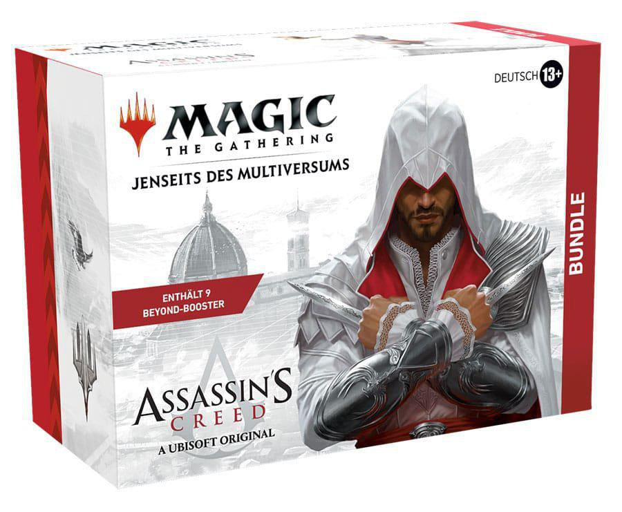 Magic The Gathering-Box mit Assassin's Creed-Thema. Enthält eine Assassinenfigur und ein Stadtbild.