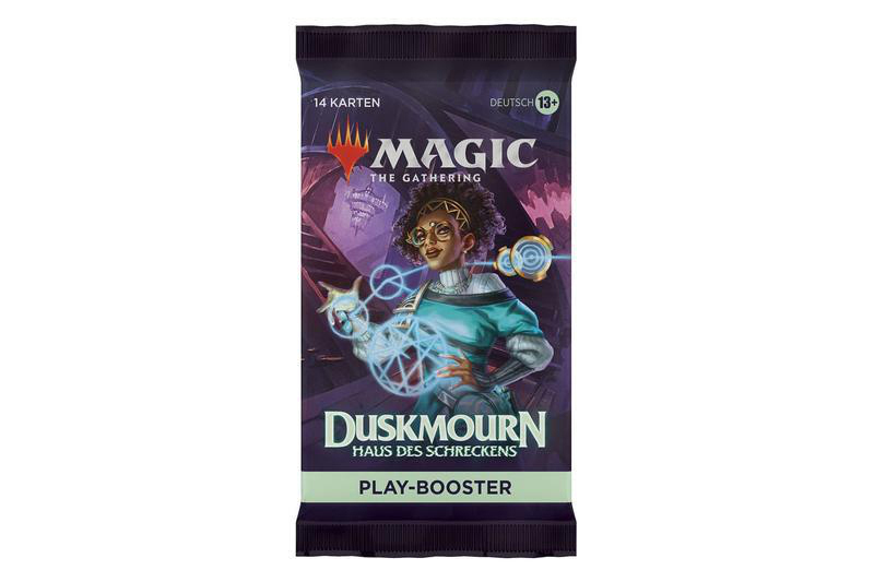 Magic the Gathering Kartenpackung. Frau vorne. Lila, blau und grün auf weißem Hintergrund.