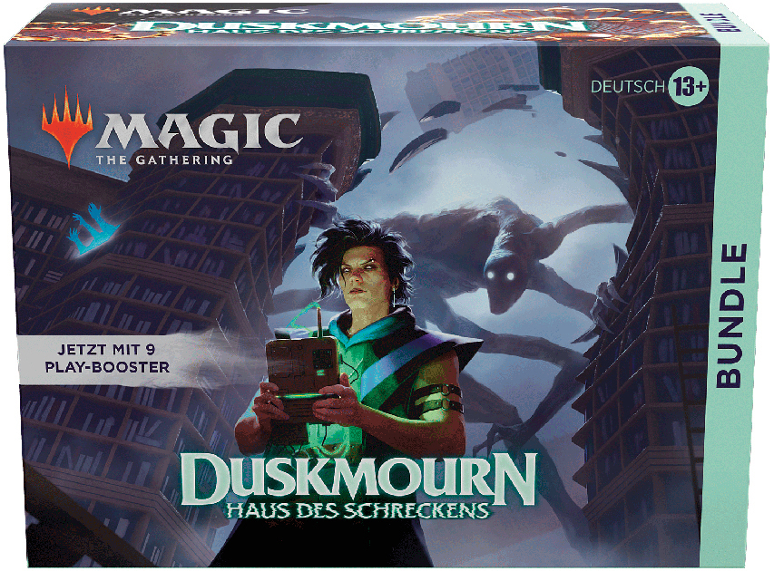 Magic the Gathering Spielbox. Das Box-Art zeigt eine Figur mit einer Fernbedienung und einem Gebäude.