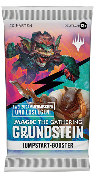 Magic The Gathering Kartenpackung mit farbenfroher Illustration von Goblins und einem Rhinozeros-ähnlichen Wesen.