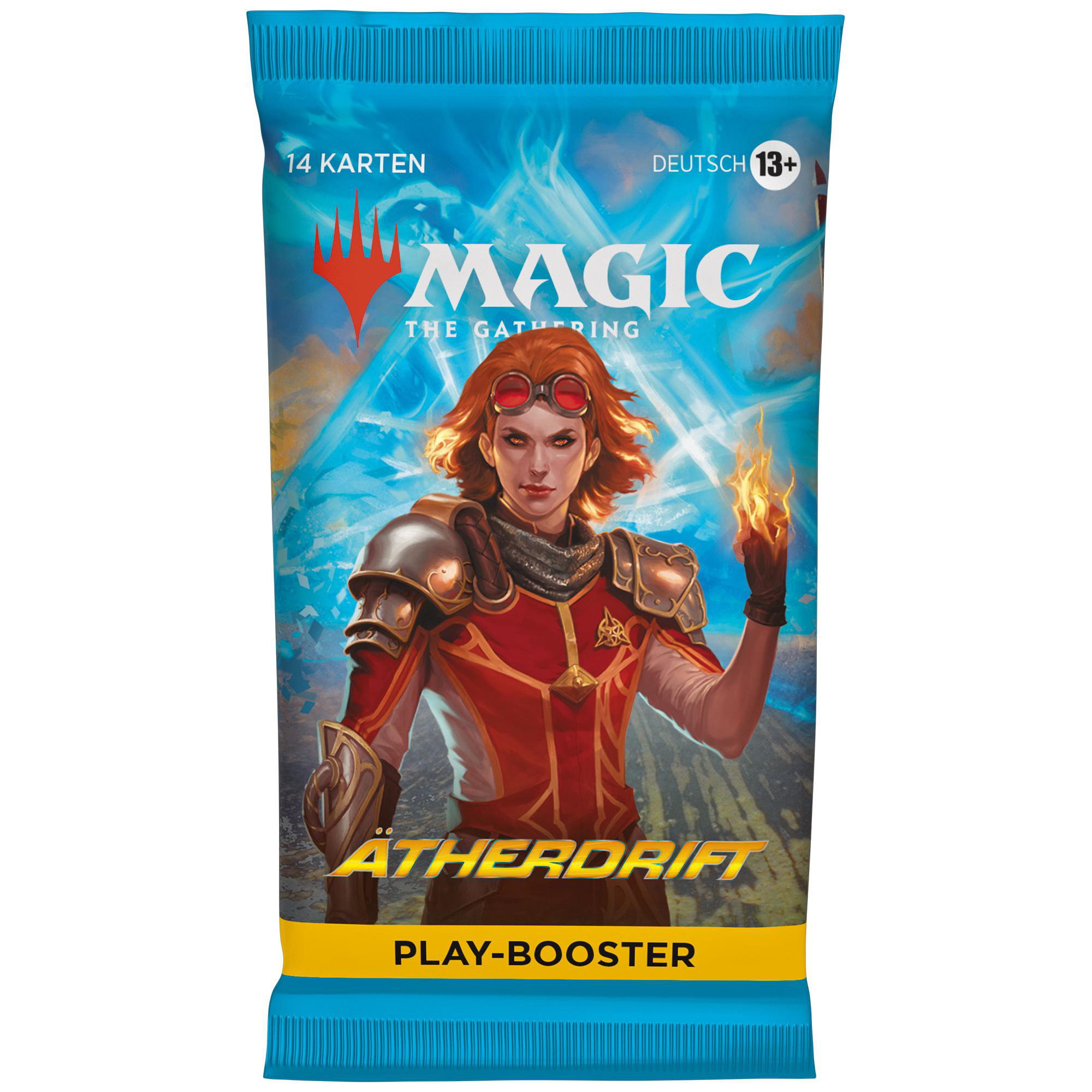 Magic-Kartenpackung. Frau mit Brille und Feuer, blaue Packung, weißer Text.