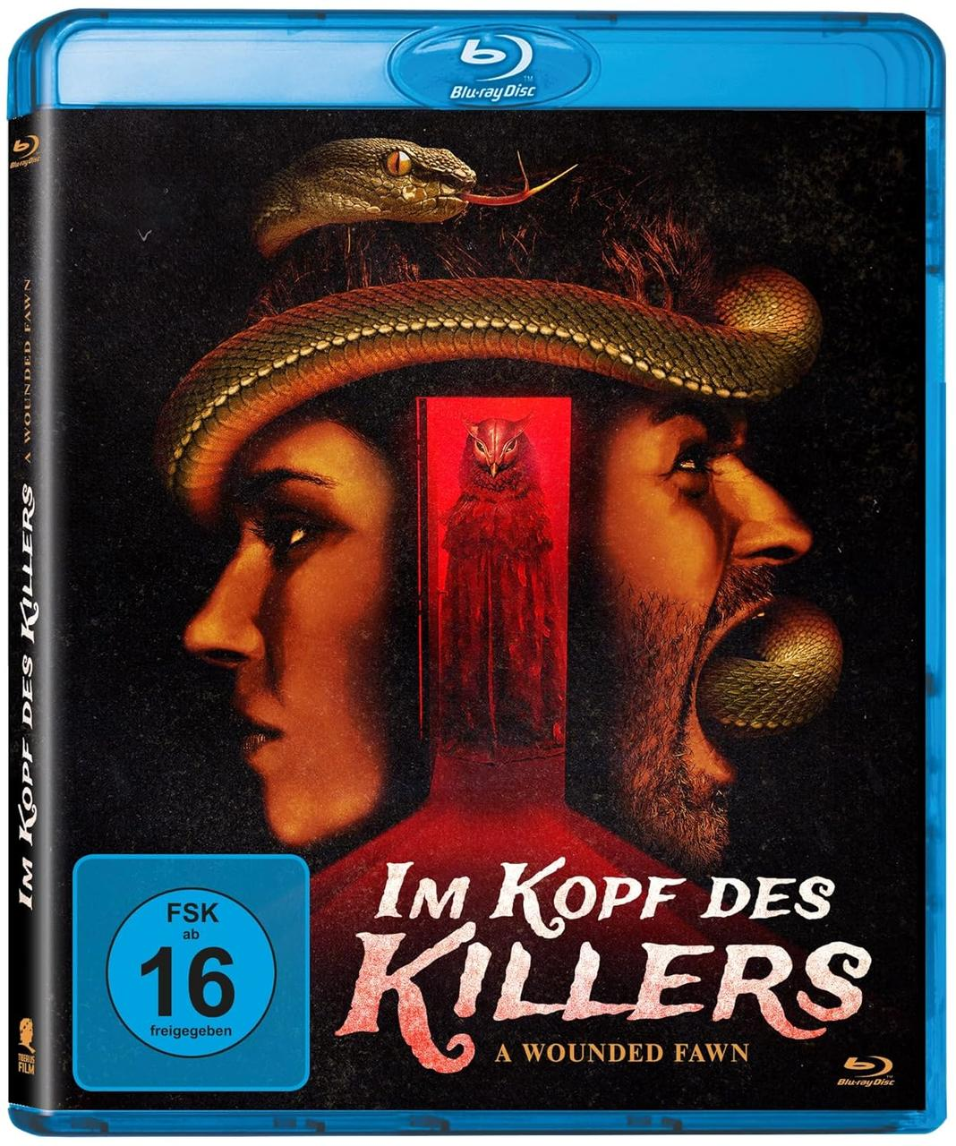 Ein Filmcover mit Gesichtern eines Mannes und einer Frau, einer Schlange und einer Eule, mit dem Titel 'Im Kopf des Killers'.