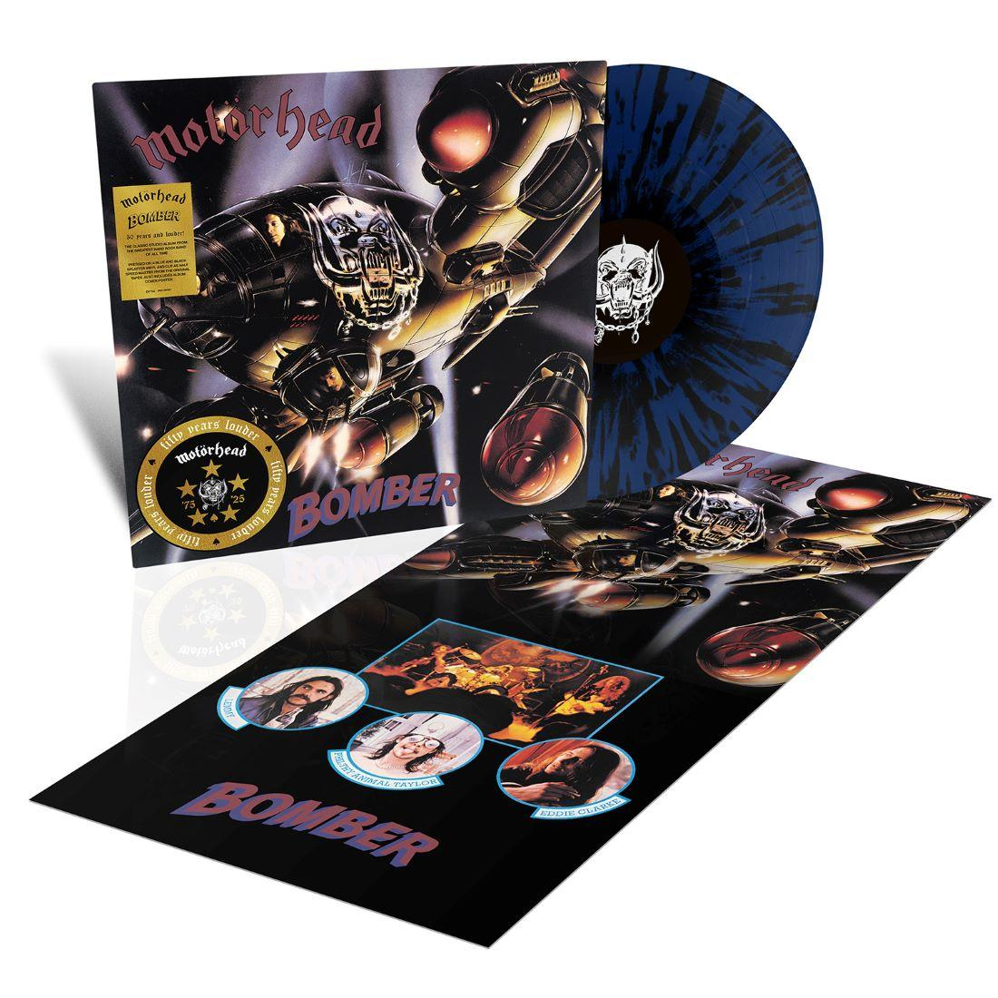 Motorhead Bomber Albumcover und Vinyl. Blaues und schwarzes Vinyl. Schwarzer Hintergrund.