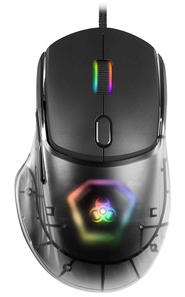 Czarna mysz gamingowa z oświetleniem RGB. Mysz ma przezroczysty bok.