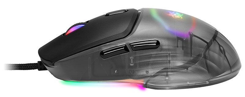 Czarna i przezroczysta mysz do gier z wielokolorowymi światłami i kablem.