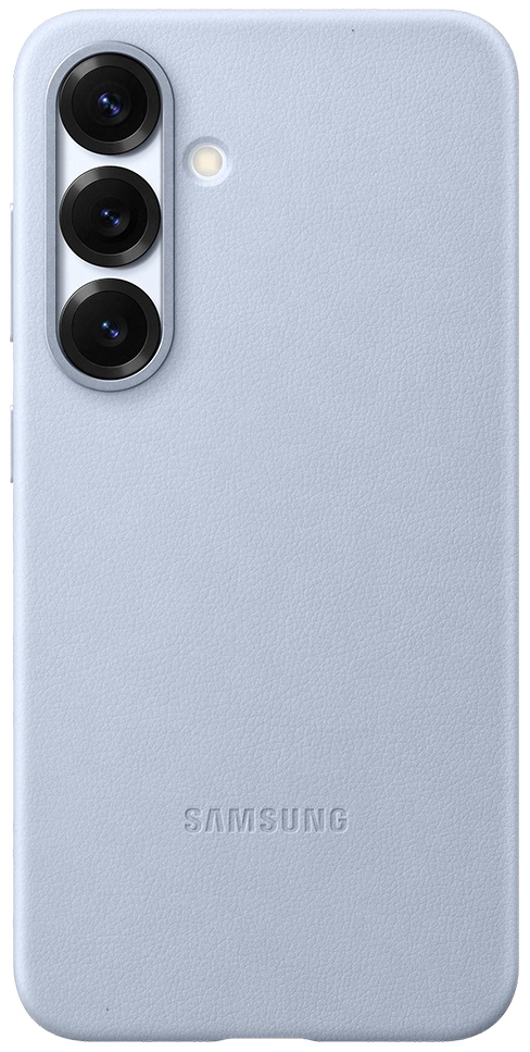 Jasnoniebieskie etui na telefon z trzema obiektywami aparatu po lewej stronie i logo Samsung na dole.