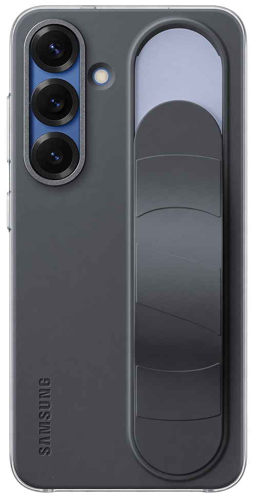 Tył ciemnoszarego telefonu z trzema aparatami i czarnym uchwytem. Logo Samsung na dole.