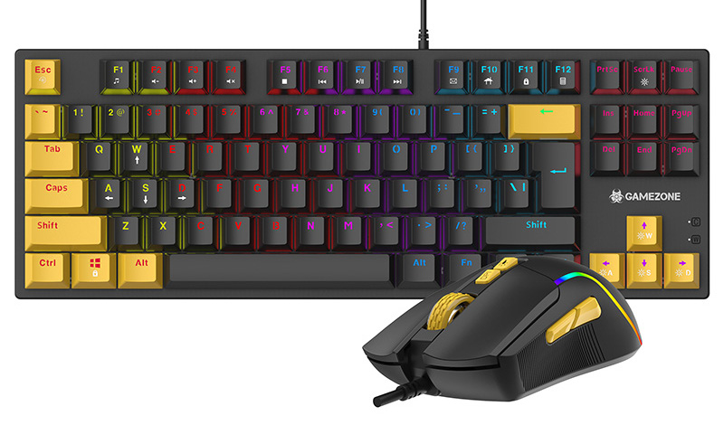 Zestaw klawiatura i mysz, czarny z kolorowymi klawiszami, na białej powierzchni.