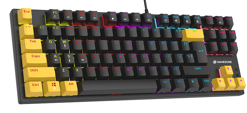 Czarna klawiatura do gier z żółtymi klawiszami. Ma wielokolorowe podświetlane klawisze i jest na białym tle.