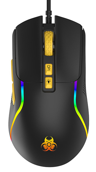 Czarna mysz gamingowa z żółtymi akcentami i oświetleniem RGB na białym tle.