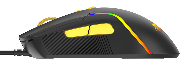 Widok z boku czarnej myszy gamingowej z żółtymi przyciskami i oświetleniem RGB.