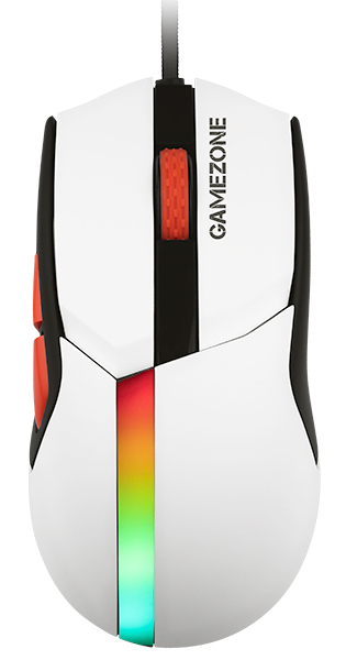 Biała mysz do gier z czerwonymi i pomarańczowymi akcentami. Ma napis 'GAMEZONE'.