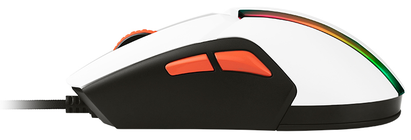 Biała mysz gamingowa, czarna podstawa, z pomarańczowymi przyciskami i kółkiem przewijania. Pasek RGB.