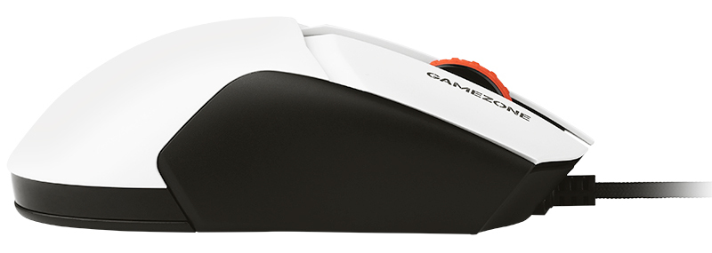 Biało-czarna mysz z pomarańczowym kółkiem przewijania.