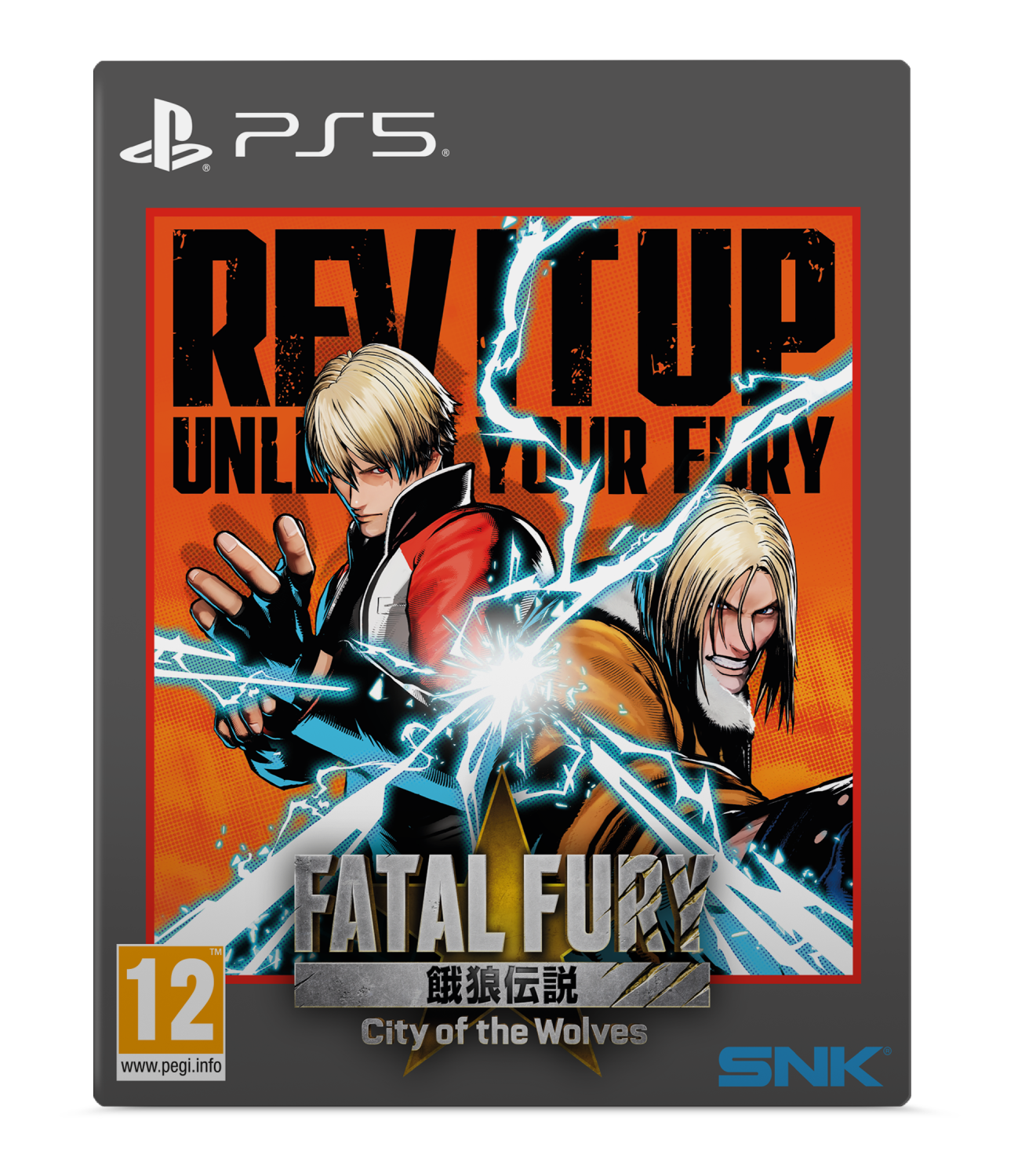 Portada del juego Fatal Fury: City of the Wolves, con dos personajes masculinos de pelo rubio. Colores naranja y azul.