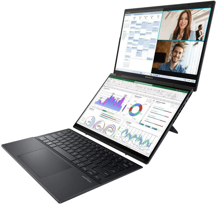 Fekete laptop táblázatokkal és videóhívásokkal, nyitva egy asztalon.