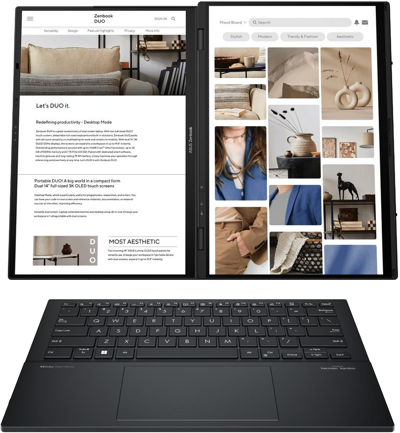 Egy laptop két nyitott képernyővel, szöveget és hangulatjelző táblát mutatva fotókkal.