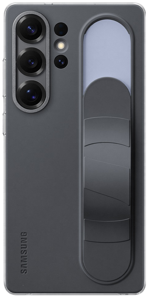 Szare etui na telefon z podniesionym, segmentowanym uchwytem z tyłu i aparatem.