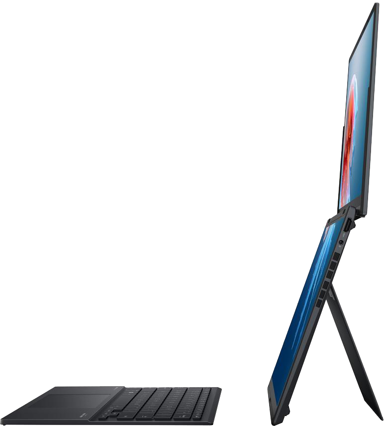 Fekete laptop oldalsó nézete, felemelt képernyővel.
