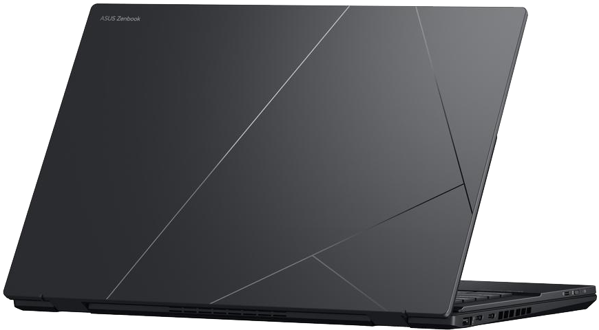 Egy sötétszürke ASUS Zenbook laptop hátulja, átlós és lineáris ezüst vonalakkal a fedélen.