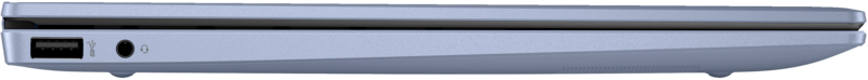 Egy kék laptop oldalsó nézete. Egy USB-t és egy audio portot mutat.