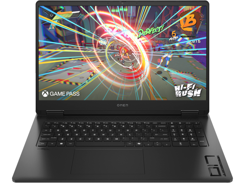 Fekete Omen laptop, amely egy élénk, színes versenypályát mutat, a 'Wi-Fi Rush' és a 'Game Pass' logókkal.