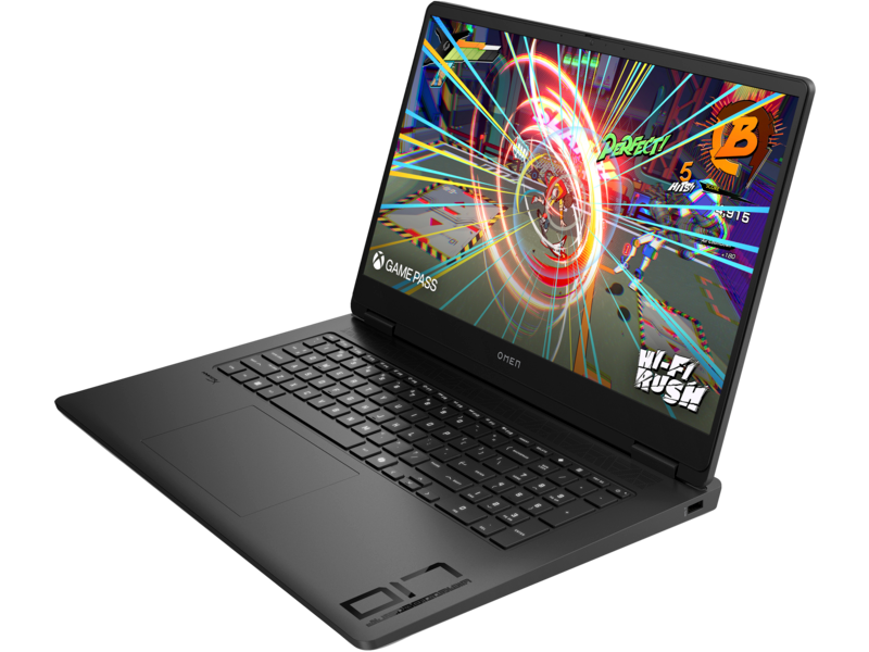 Fekete OMEN laptop nyitva, színes játékot jelenít meg. A háttér elmosódott.