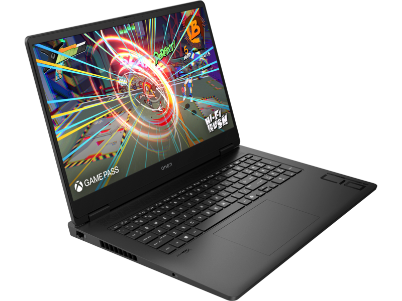 Fekete Omen laptop nyitva, játékkal. Billentyűzet és képernyő játékot mutat.