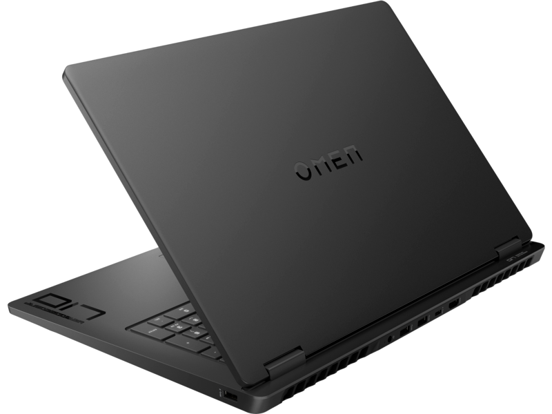 Fekete laptop, csukott, OMEN logóval. Hátsó nézet, a zsanért mutatja. A képernyő le van csukva.