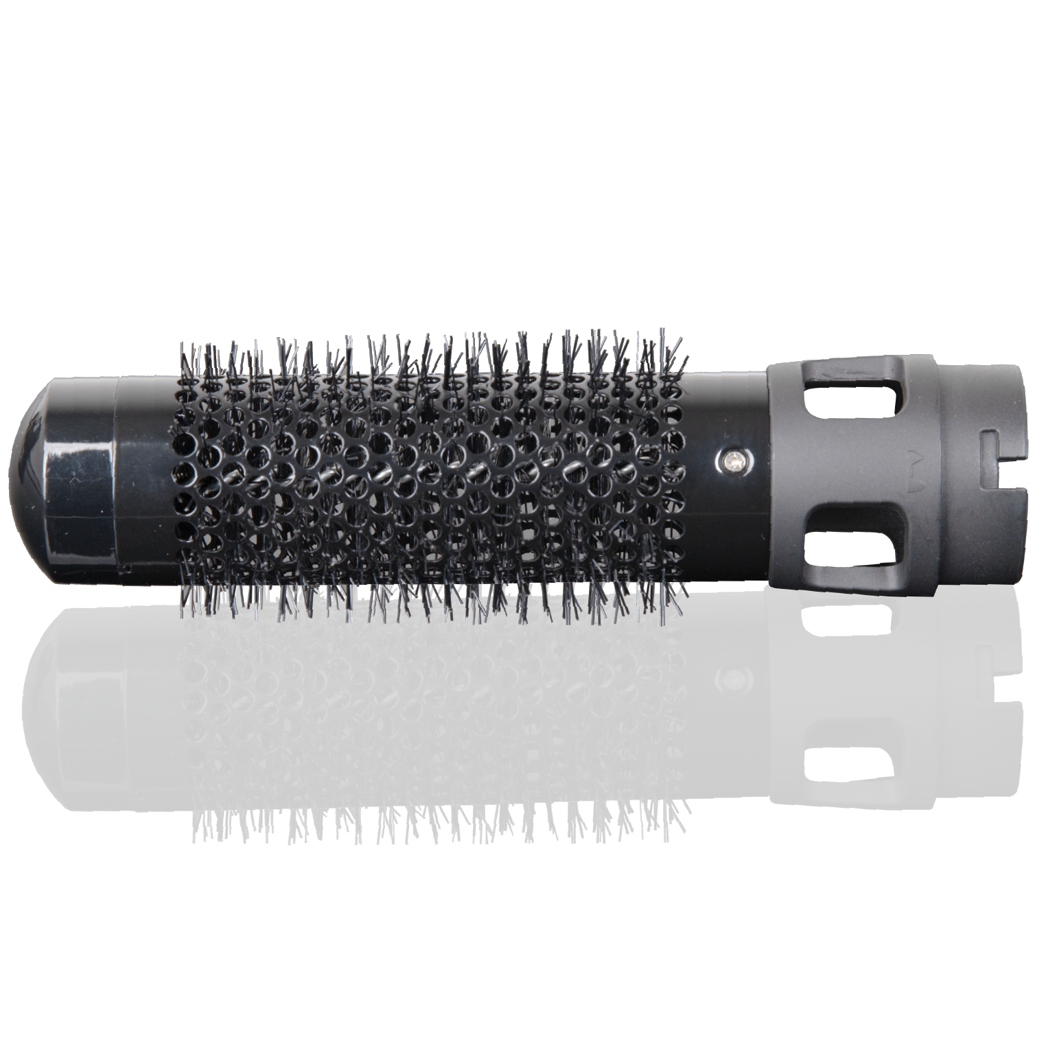 Czarna szczotka do włosów ze szczeciną i szarą sekcją, odbita na czarnej powierzchni.