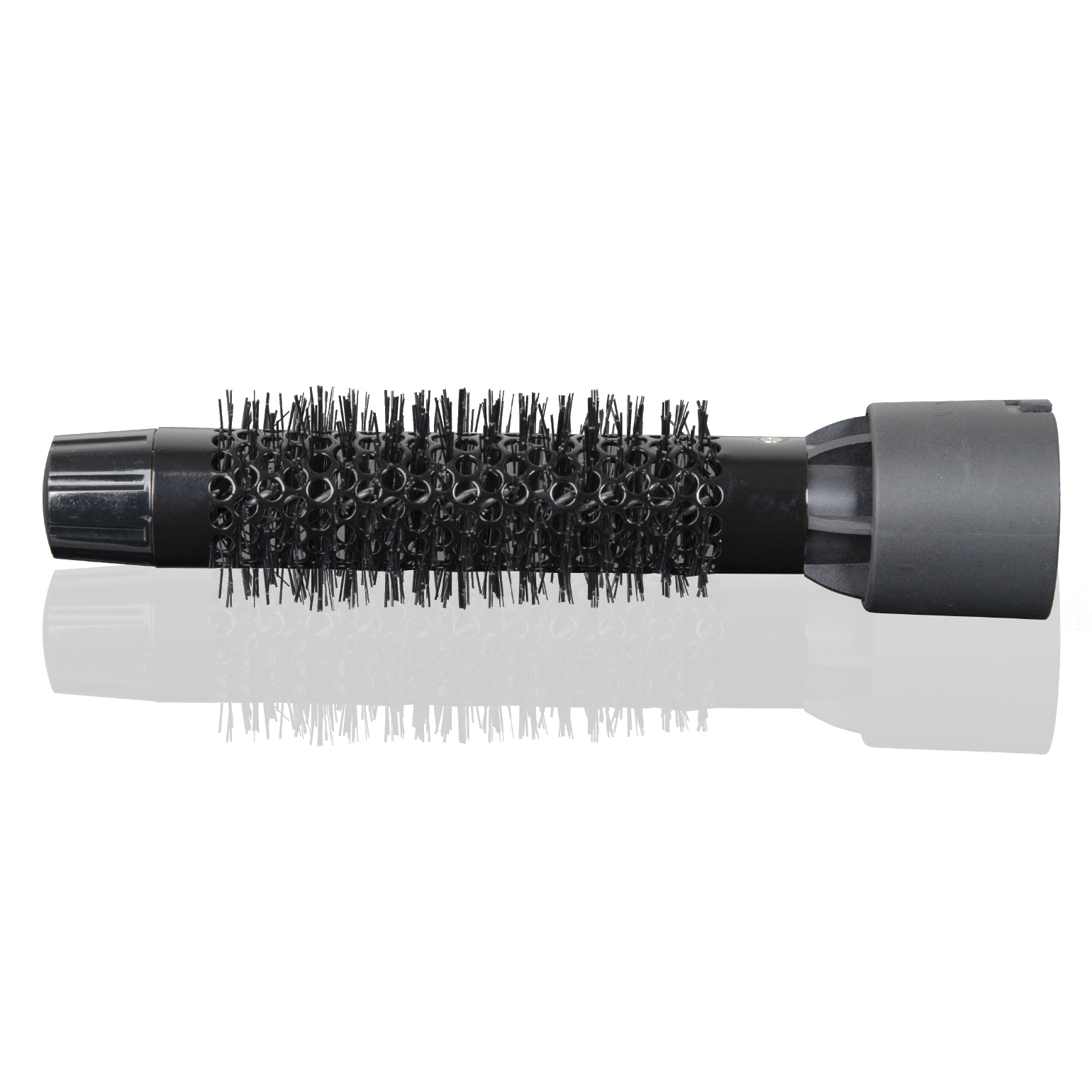 Czarna szczotka do suszarki do włosów z czarnym włosiem, czarną rączką i szarym końcem