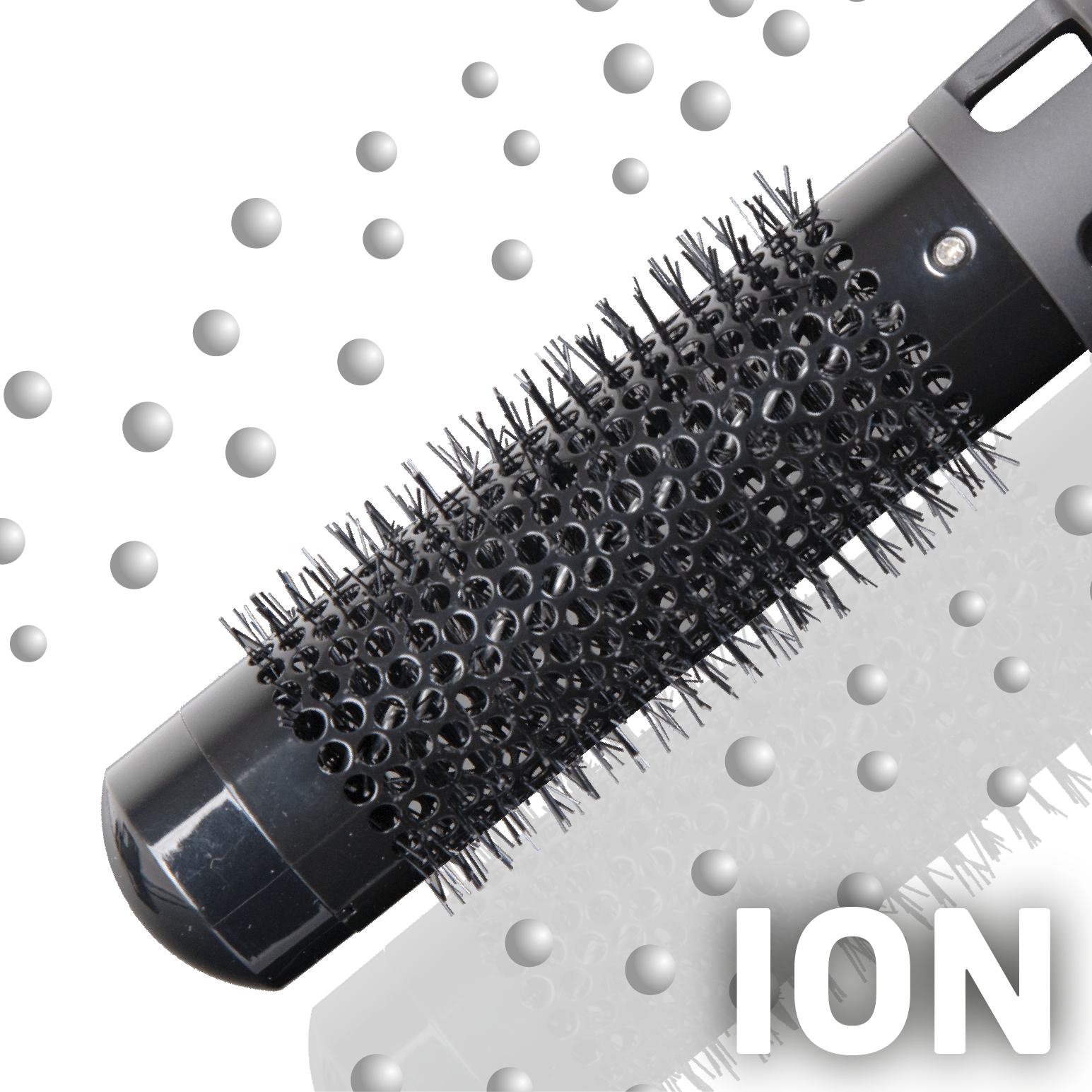 Zbliżenie czarnej szczotki do suszarki do włosów z białą parą i napisem ION.
