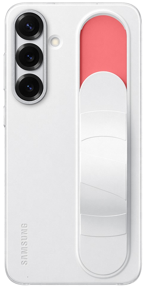 Biały tył telefonu Samsung z koralowym paskiem i trzema obiektywami aparatu. Logo Samsung na dole.