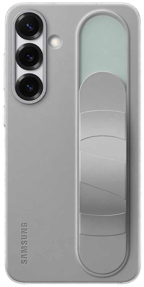 Szare etui na telefon Samsung z trzema aparatami i srebrnym uchwytem.