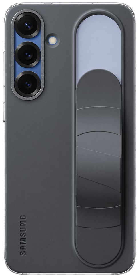 Szary tył telefonu z szarą podstawką i logo Samsung na dole.