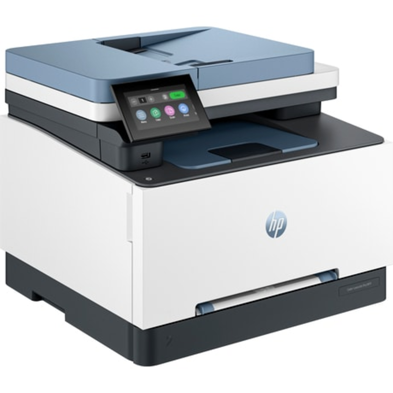 Een witte en blauwe printer met een touchscreen display bovenop. De printer staat op een zwart oppervlak.