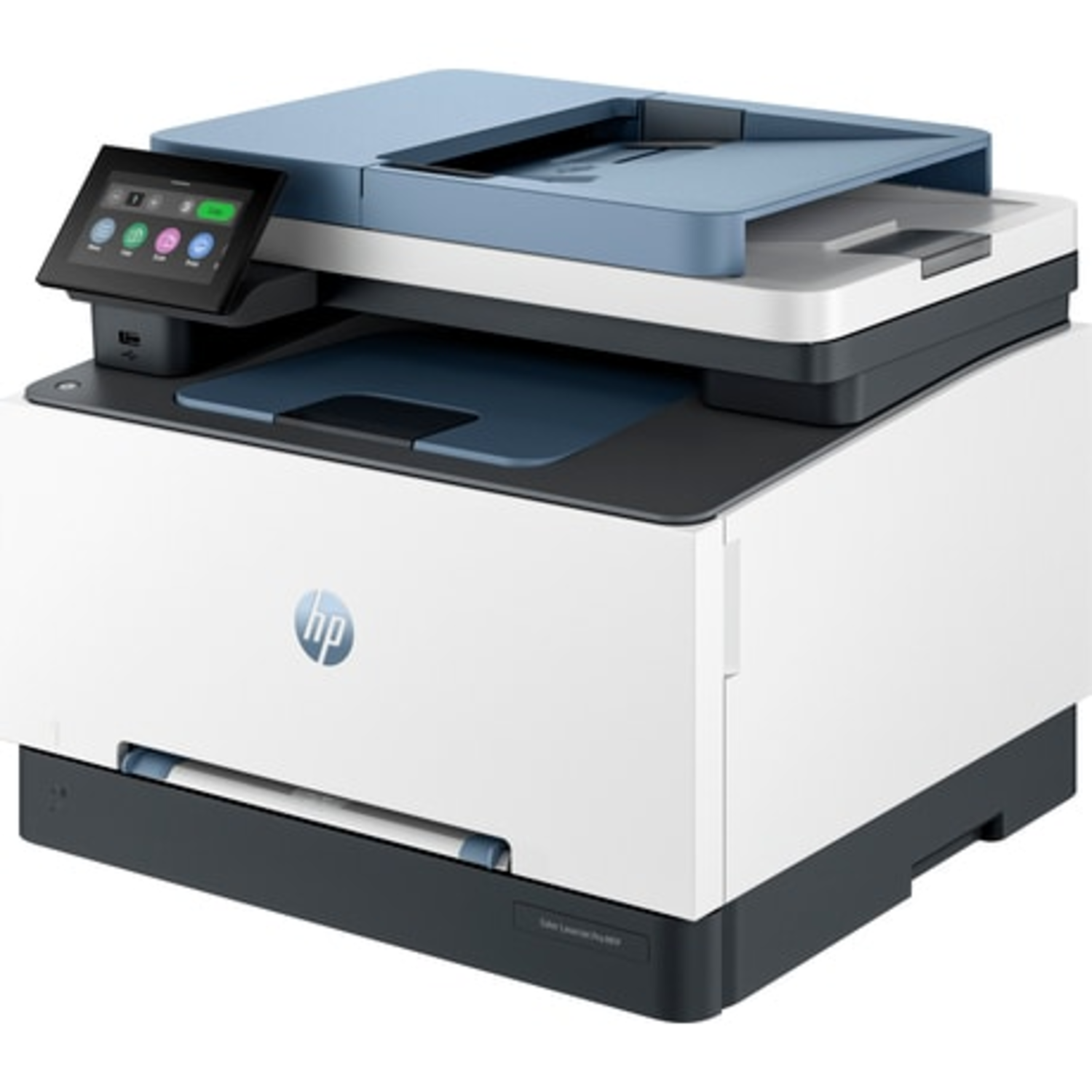 Witte en blauwe printer met een touchscreen en papierlade.