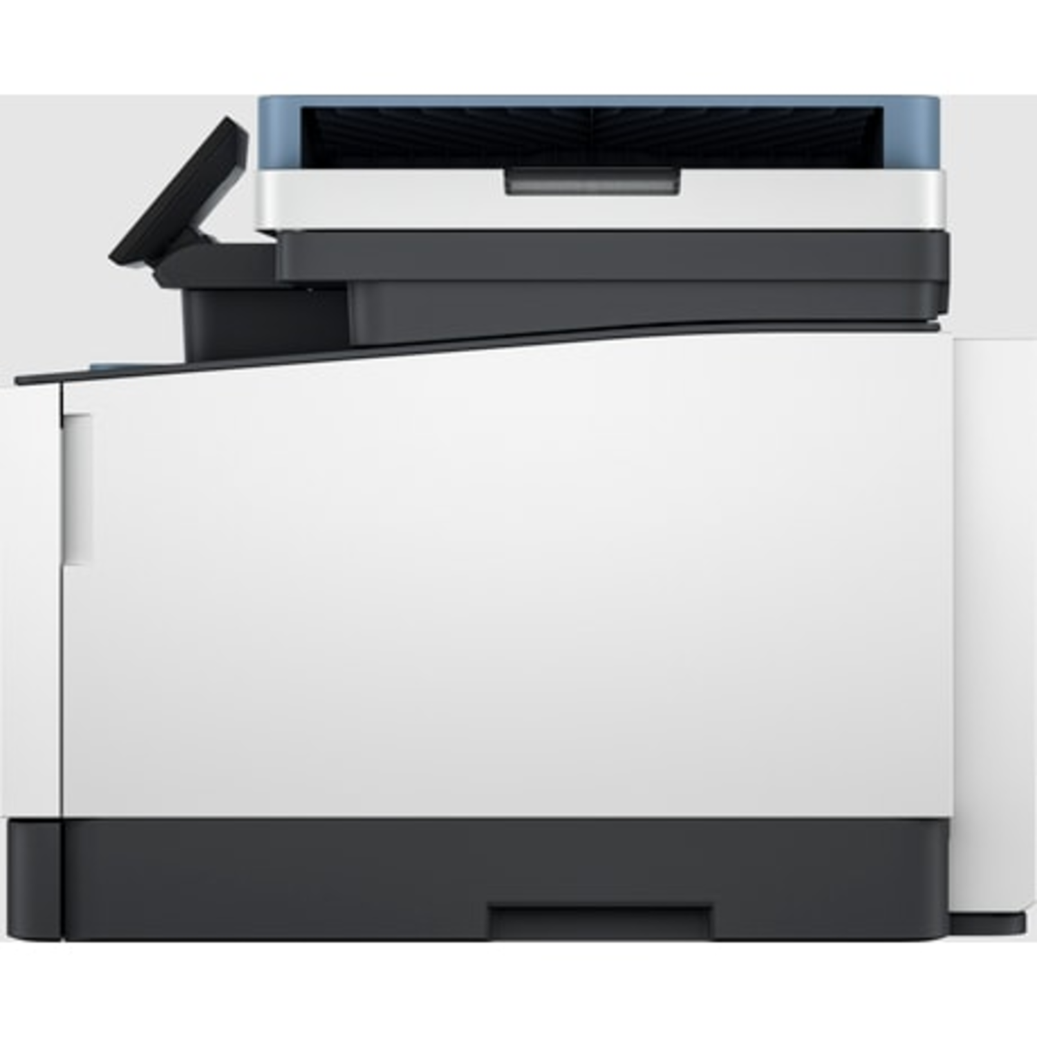 Zwart-witte printer met papier erin, schuine weergave.