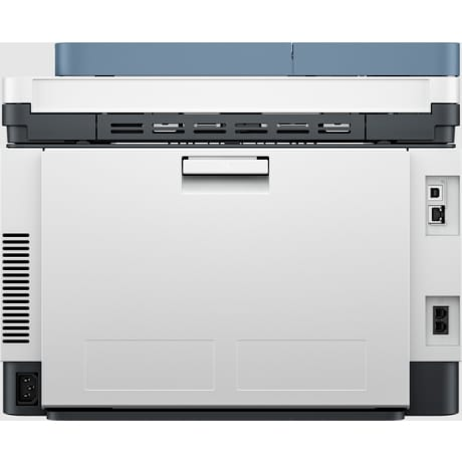 Een witte en blauwe printer, van achteren gezien. Hij heeft een papierlade en diverse poorten aan de zijkant.