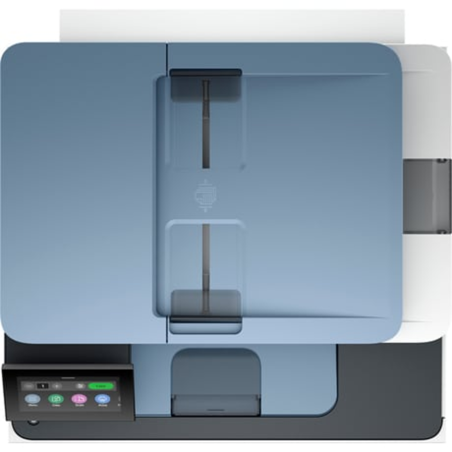 Bovenaanzicht van een printer, met een blauwe bovenkant en een zwarte basis, met bedieningselementen.
