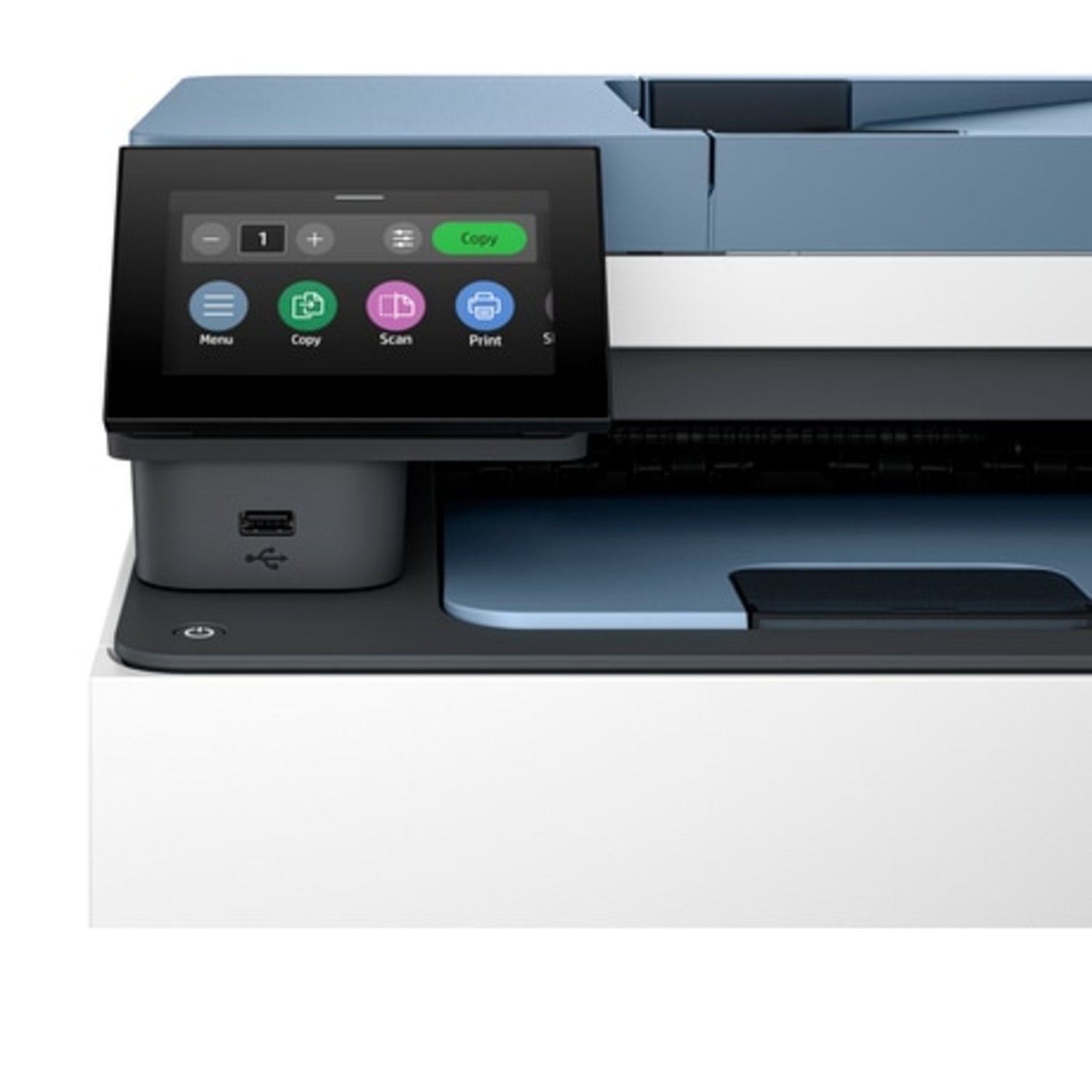 Een printer met een touchscreen bedieningspaneel met de knop 'Kopiëren'.