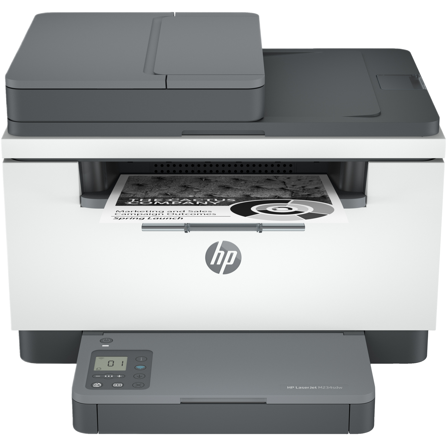 Witte en grijze HP LaserJet M234dw printer. Een afgedrukte pagina is zichtbaar.