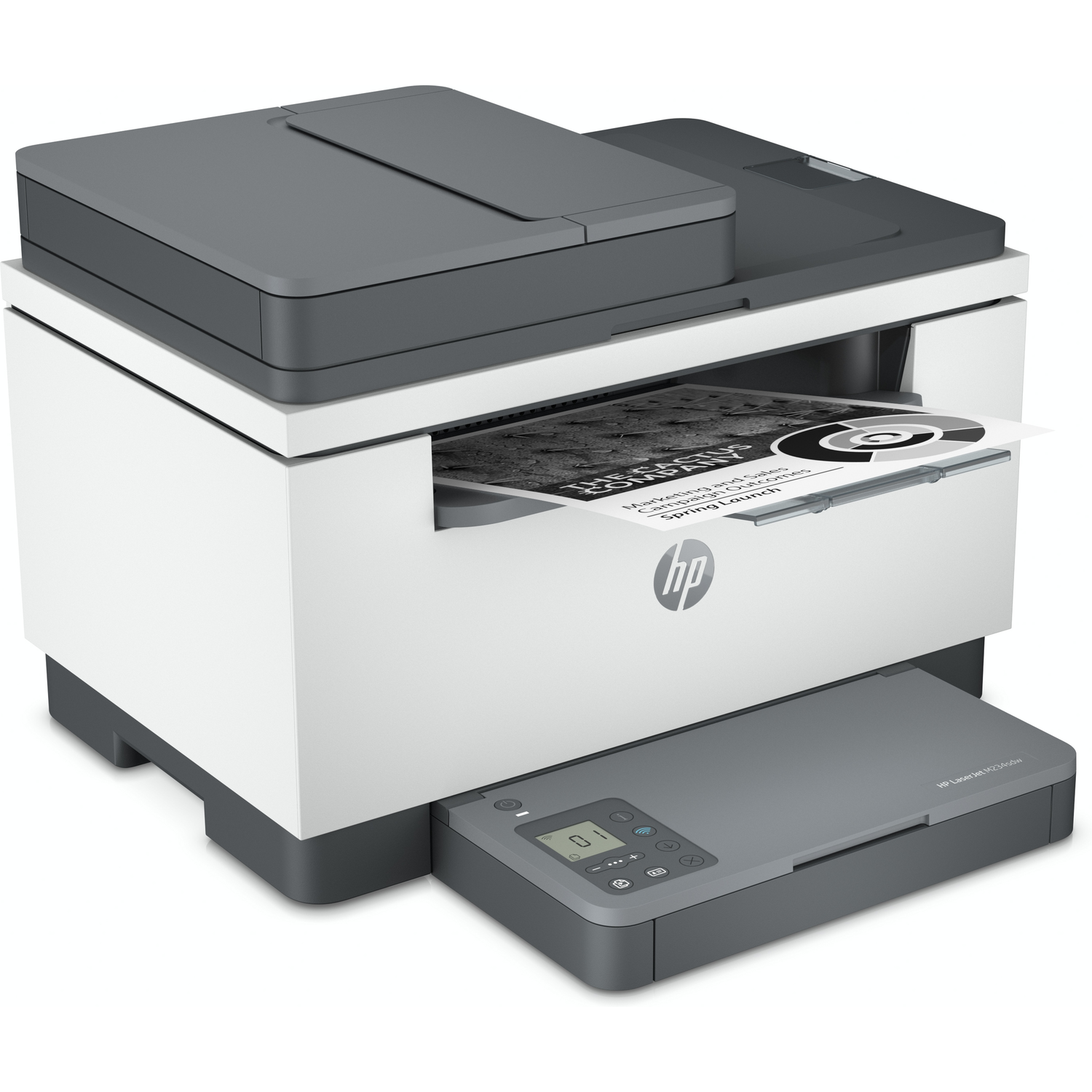 Wit-grijze printer, met een afgedrukte pagina in de lade.