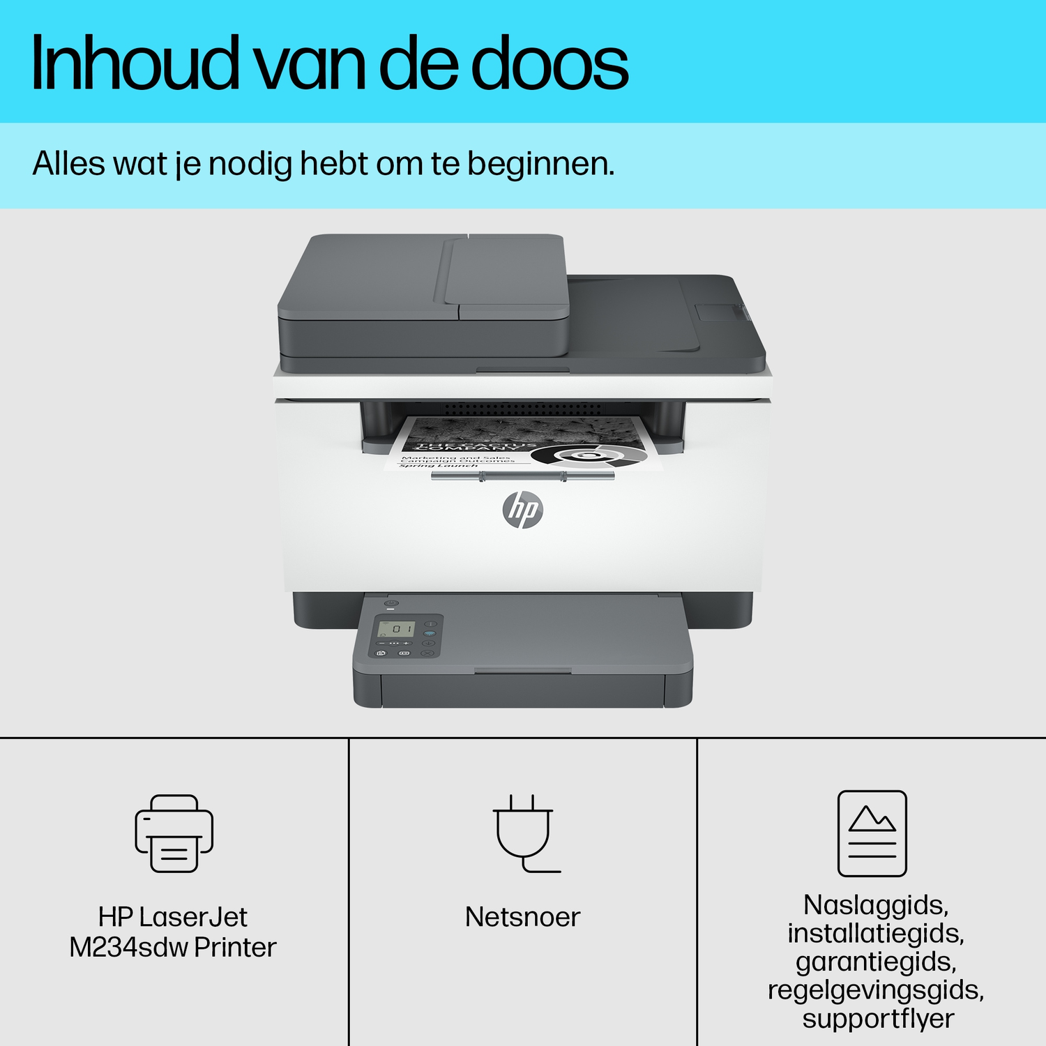 HP LaserJet M234sdw printer met accessoires op een oppervlak.