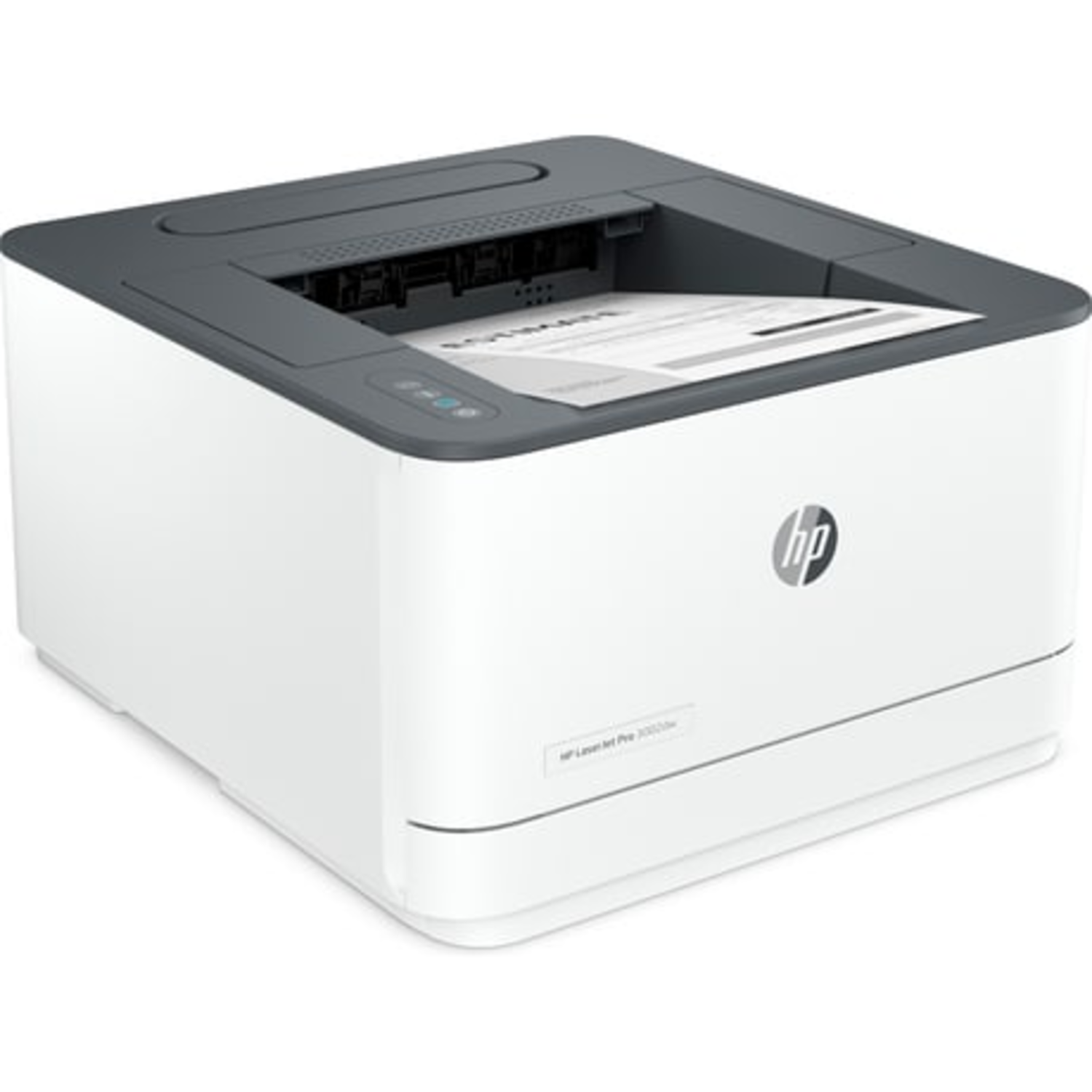 White and grey HP LaserJet Pro 3000n printer. Paper in tray, HP logo on front.