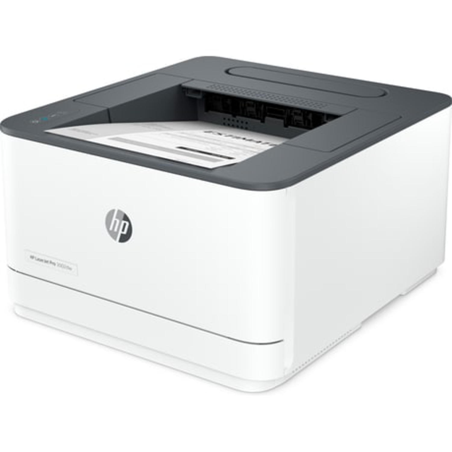 White and gray HP printer with a document inside, top view.
